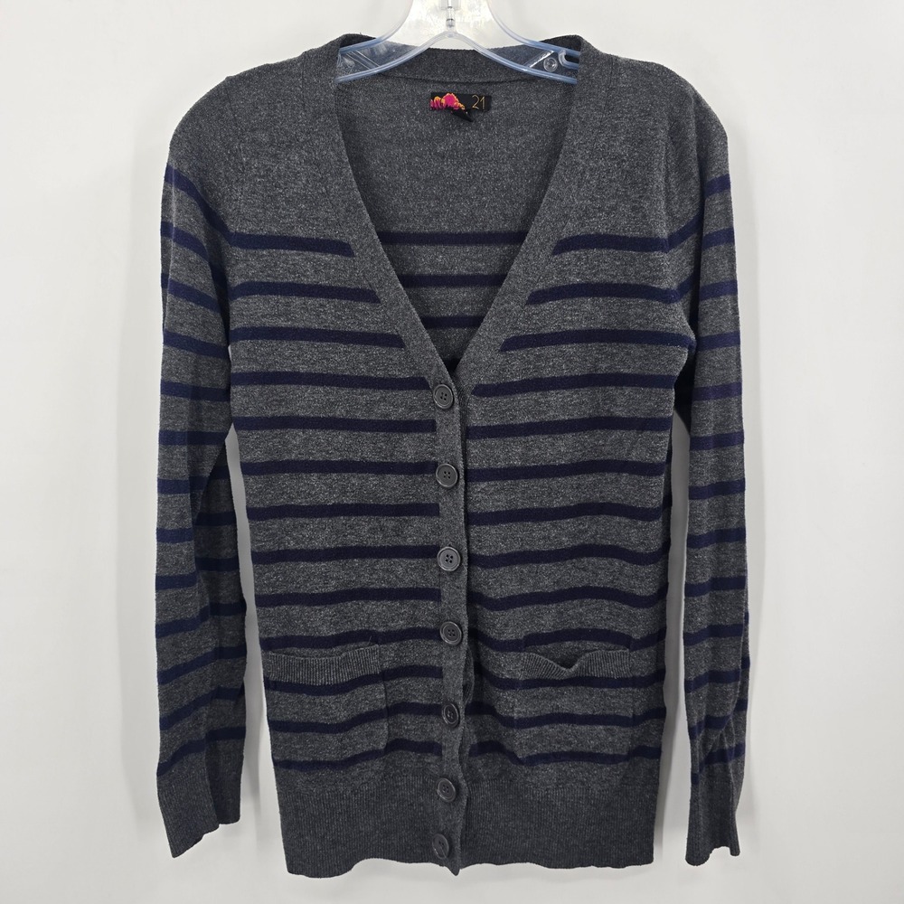 Forever 21 Cardigan Women Medium Grey Navy Blue Striped V-Neck Button Front